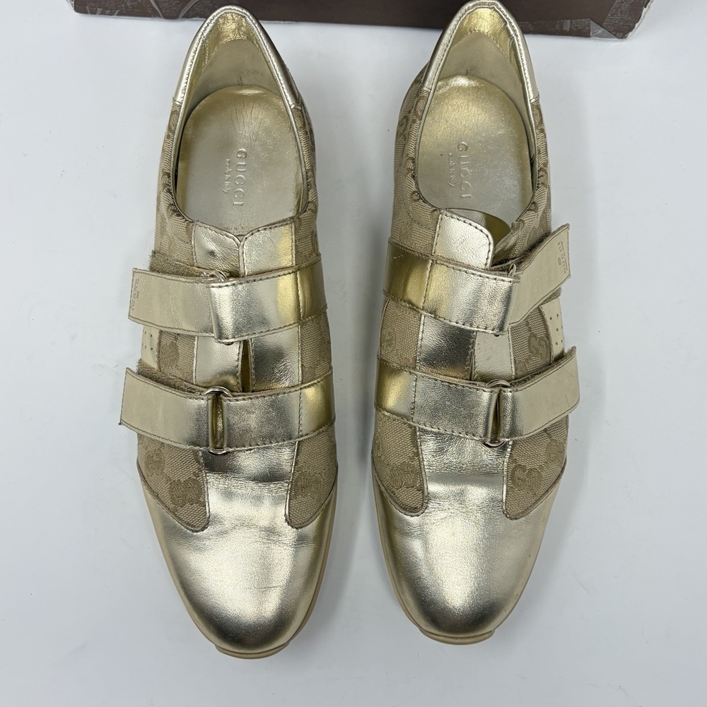 Gucci Guccissima Metallic Gold Canvas Leather‎ Hook Loop Sneakers Women 11 - Picture 8 of 15